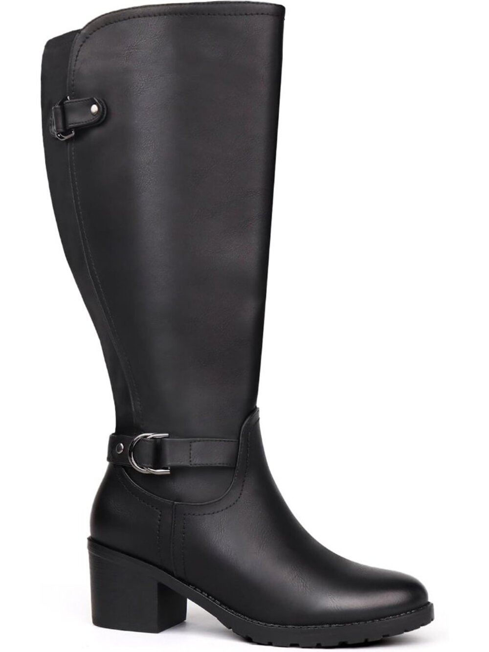Women's Black Wide Calf Knee High Riding Boot Double Buckle Block Heel Round Toe